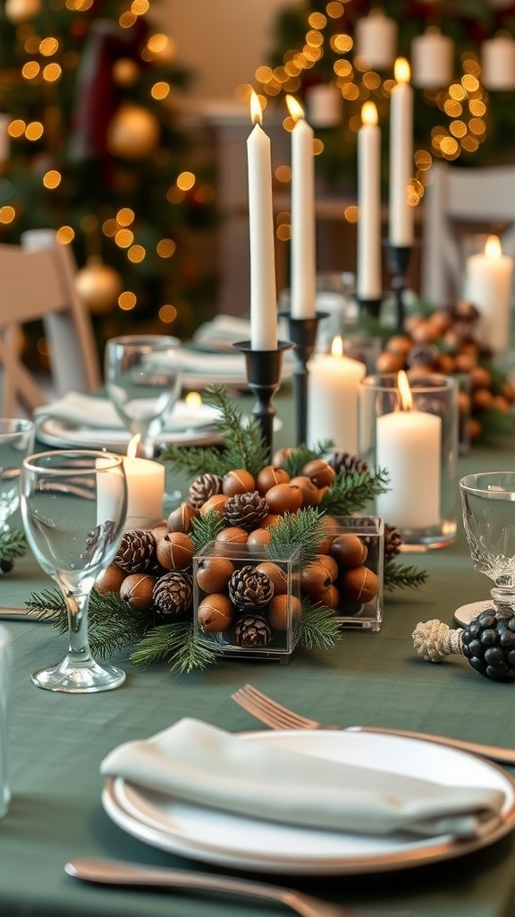Christmas table decorated with acorns, pinecones, and candles, creating a rustic holiday ambiance.
